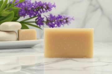 Natural Handmade Soap Bar on Marble Countertop with Purple Flowers