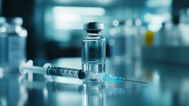 Close-up of a transparent medicine vial and syringe on a medical table, containing glucagon hormone for emergency treatment of severe hypoglycemia episodes.