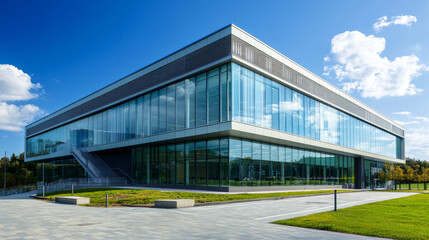 Obraz premium A modern office building with information about its design, including the outside appearance (facade) and a small part of the building's exterior.