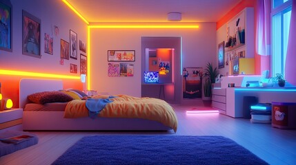 Modern bedroom with colorful neon lights, a bed, a desk, and a window.