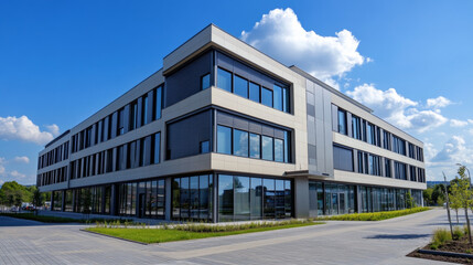 Obraz premium A modern office building with information about its design, including the outside appearance (facade) and a small part of the building's exterior.