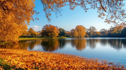 Obraz premium Colorful autumn Park with city view red and yellow maple trees and blue sky,Autumn forest path,Lawn in autumn city park in Sunny day,Trees with yellow leaves in park,Natural Wallpaper.