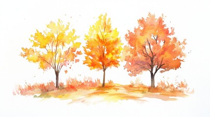 Watercolor hand drawn of autumn trees,red maple tree on white background,hand drawn watercolor vector illustration,Autumn forest path,red orange foliage in fall forest.