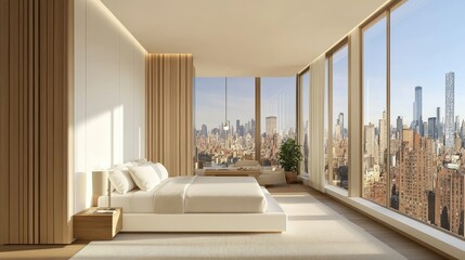 Modern bedroom with large windows overlooking city skyline.
