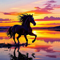 Silhouette of a horse running along the shore