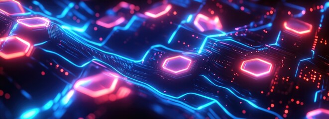 Abstract futuristic glowing neon light background with hexagons and circuit lines in blue and pink.