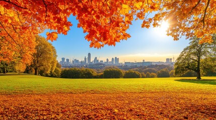 Fototapeta premium Colorful autumn Park with city view red and yellow maple trees and blue sky,Autumn forest path,Lawn in autumn city park in Sunny day,Trees with yellow leaves in park,Natural Wallpaper.