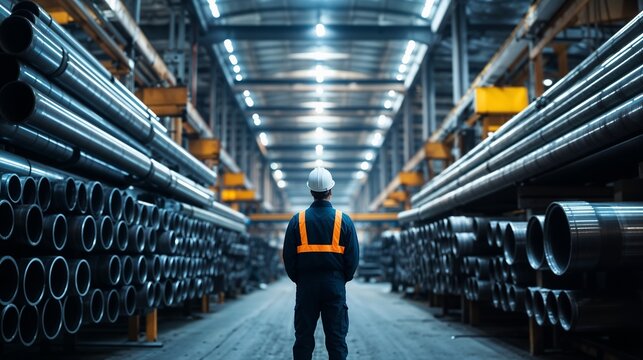 A man is currently standing in a large warehouse filled with pipes
