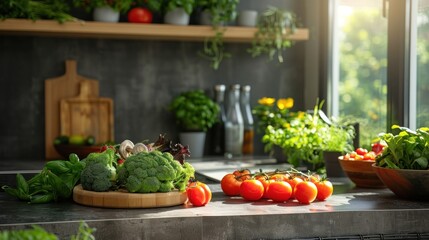 A bright kitchen with fresh vegetables, including tomatoes, broccoli, and greens, arranged with herbs in natural sunlight.