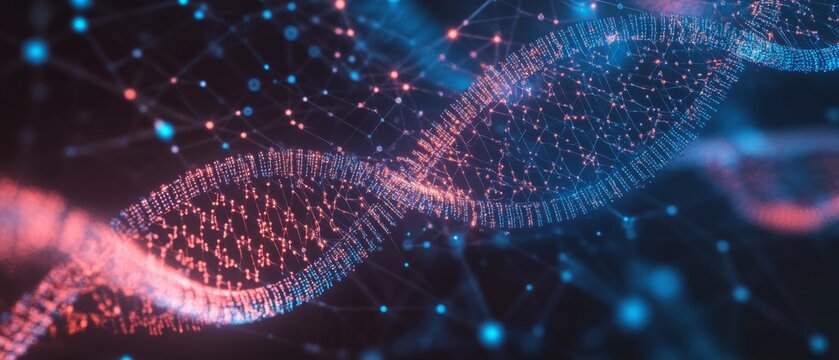 Digital representation of dna helix with data points, illustrating bioinformatics and genetic data analysis - Powered by Adobe