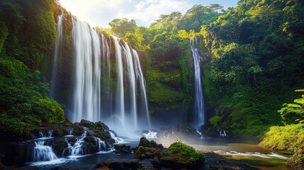 Fototapeta premium Stunning waterfall cascading down a rocky cliff surrounded by lush green forests, offering a peaceful and natural travel destination