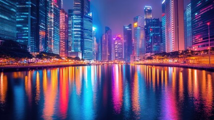 Fototapeta premium Vibrant cityscape at night, with colorful lights reflecting off the water and modern skyscrapers creating a lively urban atmosphere