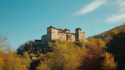 A charming medieval castle nestled on a hilltop, surrounded by a vibrant autumn forest and clear blue skies