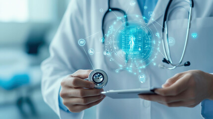 A doctor reviewing patient data on a tablet with advanced digital health interfaces and using a stethoscope, showcasing futuristic healthcare technology and real-time health monitoring.
