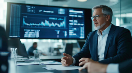 Show a business executive in a modern boardroom discussing data from a large digital screen displaying charts and graphs, emphasizing leadership, strategy, and decision-making.