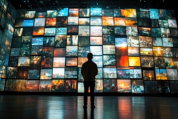 Man in front of TV screen wall