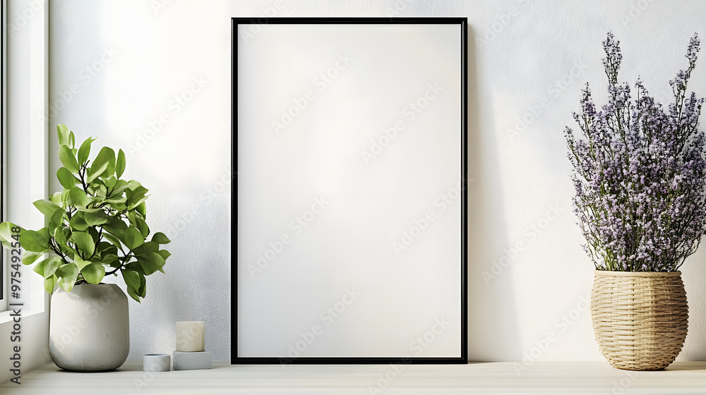 Wall mural Poster mockup with vertical black frame in white wall interior background