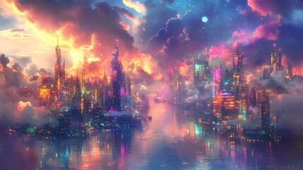 Fototapeta premium Beautiful glowing city from a dream with vibrant floating buildings, shimmering waters, and a surreal sky filled with colorful clouds
