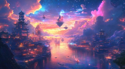 Fototapeta premium Beautiful glowing city from a dream with vibrant floating buildings, shimmering waters, and a surreal sky filled with colorful clouds