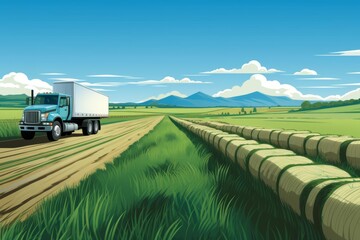 A sod farm with rolls of grass ready for landscaping, a truck loading in the background in this commercial illustration