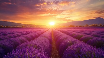 Beautiful lavender fields stretching to the horizon, with a vibrant sunset casting a golden glow over the landscape