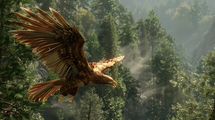 A majestic eagle soars through a misty forest, its wings outstretched against a backdrop of lush green trees.