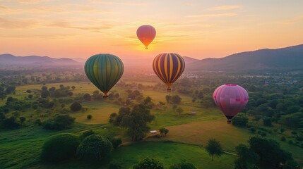 Naklejka premium Colorful hot air balloons floating over a lush green valley at sunrise, creating a magical and vibrant travel experience