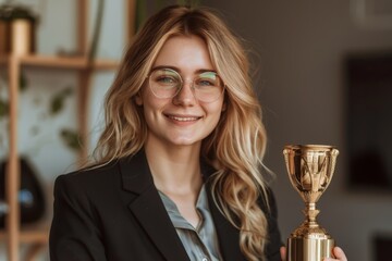 With a trophy in hand, a smiling businesswoman poses in an office room, highlighting the theme of business success and achievement.