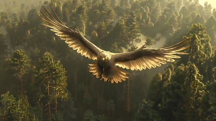 An eagle in flight against a backdrop of a forest and golden light.