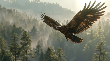 A majestic eagle soars through a misty forest, wings outstretched.