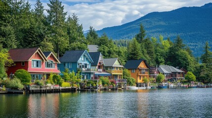 Fototapeta premium Peaceful lakeside town with colorful cottages, vibrant gardens, and a serene mountain backdrop, offering a charming retreat