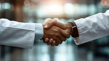 Two medical professionals shaking hands, symbolizing a successful healthcare partnership.