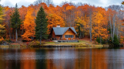 Fototapeta premium Serene lakeside cabin surrounded by vibrant autumn trees and a calm reflective lake, creating a peaceful travel retreat