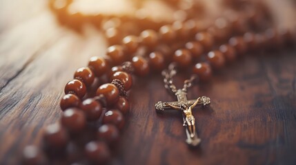  rosary beads resting on an antique wooden table, Generative AI