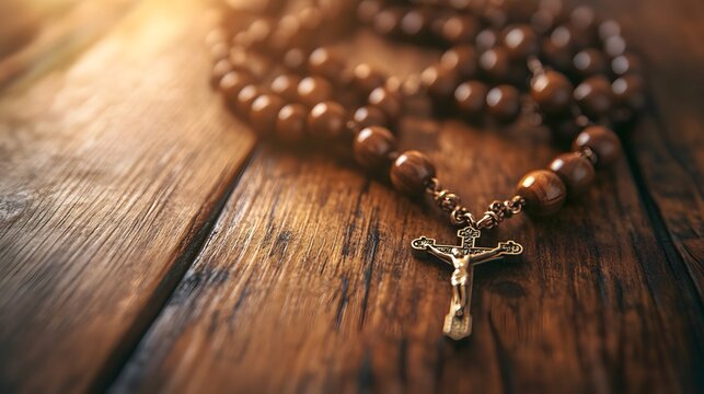  rosary beads resting on an antique wooden table, Generative AI