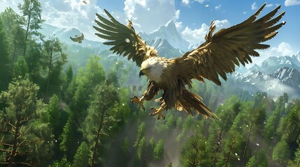 A majestic eagle soars through the sky above a lush forest.