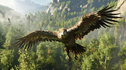 A majestic eagle soars through a lush forest, its wings spread wide.