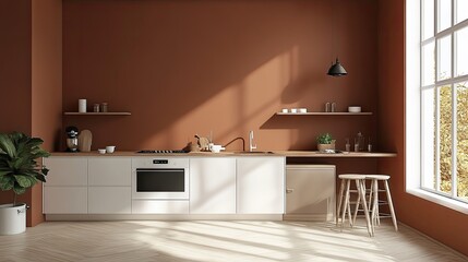 Modern kitchen interior with white cabinets, wooden countertops, and a terracotta wall. Sunlight streams through a large window.