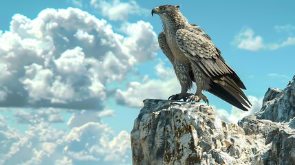 A powerful eagle perched on a rocky cliff against a backdrop of fluffy clouds and a clear blue sky.