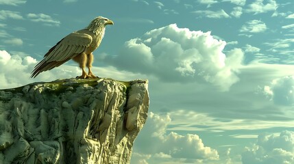 A majestic eagle perched on a cliff, looking out at the vast, cloudy sky.