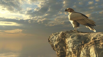 A majestic eagle perched on a cliff overlooking a vast, misty ocean at sunset.
