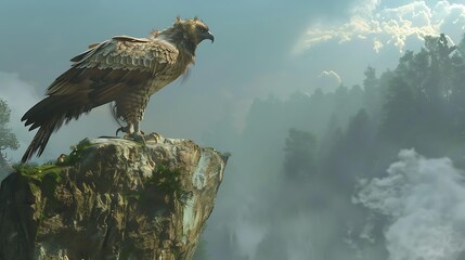 A majestic eagle perches on a rocky cliff overlooking a misty forest.