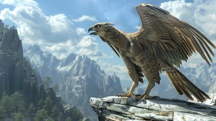 A majestic eagle perches on a cliff with a mountain range in the background.