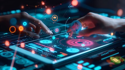 Fototapeta premium Person interacting with a touchscreen device displaying a virtual target symbol and diverse business icons showcasing digital strategies and goal setting in a professional business setting