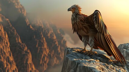 A majestic eagle perches on a cliff overlooking a canyon at sunset.