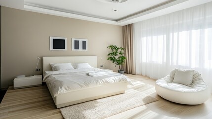 This bright and stylish bedroom showcases minimalist furniture, large windows allowing natural light, and a cozy atmosphere perfect for relaxation