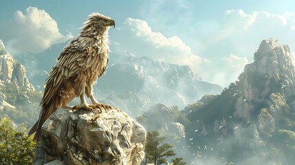A majestic eagle perches on a rocky outcrop, overlooking a misty mountain landscape.