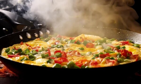 cooking omlet in pan on black background