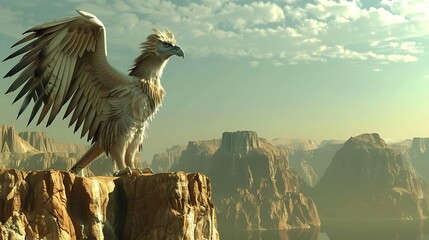 A majestic griffin stands on a cliff overlooking a vast canyon landscape.