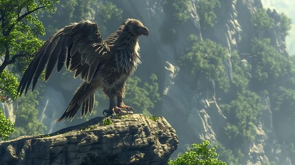 A large mythical bird with feathered wings perched on a cliff overlooking a lush forest.